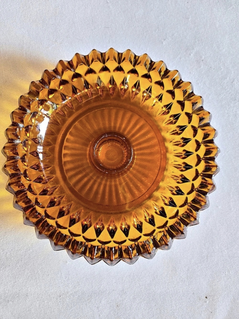 Vintage Indiana Glass Diamond Point Amber Candle Holder Base